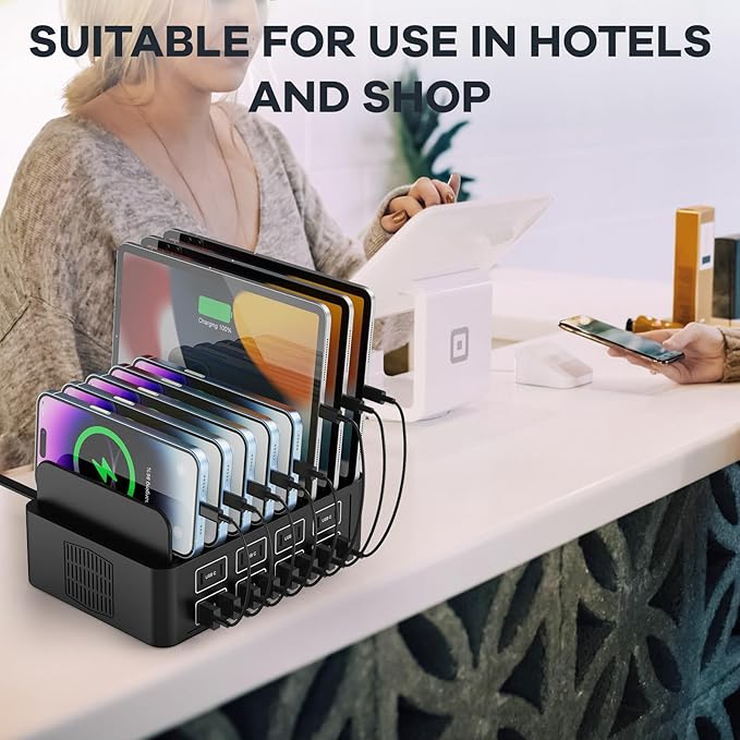 150W/35A Charging Station for Multiple Devices, RUANSZZ 16 Port USB~C Fast Charging Station, Multiple Charger Organizer Compatible with Cell Phone, iPad, Kindle, Tablet and Other Electronic