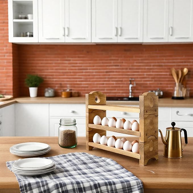Egg Holder Countertop Farmhouse Decor - Wooden Fresh Eggs Storage for Counter - Pine Wood Egg Organizer Tray Racks
