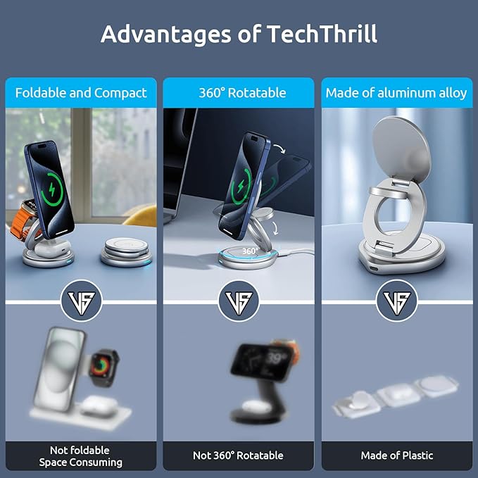 3 in 1 Charging Station for Apple Magsafe Travel Charger for Multiple Devices Aluminum Foldable Magnetic Wireless Charger with 360 Rotating for iPhone 17/16/15/14/13/12 Series,for iWatch,for Airpods