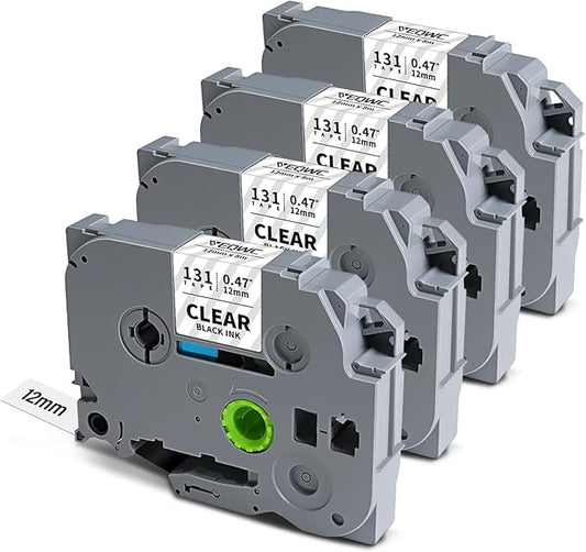 Tz-131 12mm 0.47 Laminated Clear TZ Tape Compatible for Brother P-Touch TZe-131 TZe Label Tape Black on Clear Label Maker Refills Work for Ptouch PT-D220 PT-H110 Pt-D210, 1/2 Inch x 26.2 ft, 4-Pack