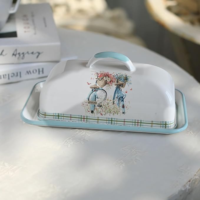 Enameled Farmhouse Vintage Butter Dish with Lid, 7.5 Inch Durable Kitchen Food Storage Container Rust-Resistant Refrigerator Safe,Vintage Decorative Design Kitchenware for Countertop