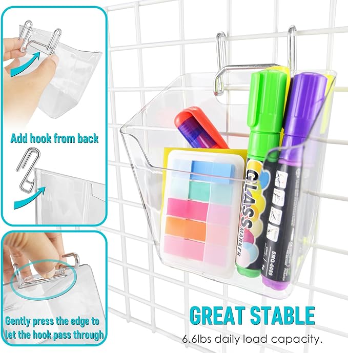 G.CORE Large Grid Wall Bins - 6Pack Clear Gridwall Accessories Hanging Cups with Back Hooks - Plastic Grid Wall Panels Organizers Wire Shelves Holders for Garage Garden Craft Office Tools Storage