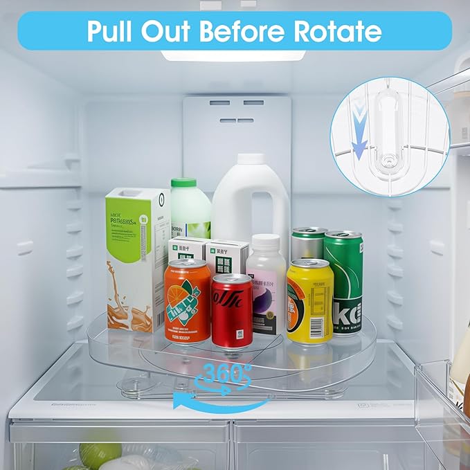Lazy Susan Turntable for Refrigerator, 15"x11" Rotating Spice Rack Organizer 360°Clear PET Organizer Storage Tray Cabinet, Pantry Countertop with Suction Cups Large Rectangular Fridge Shelf