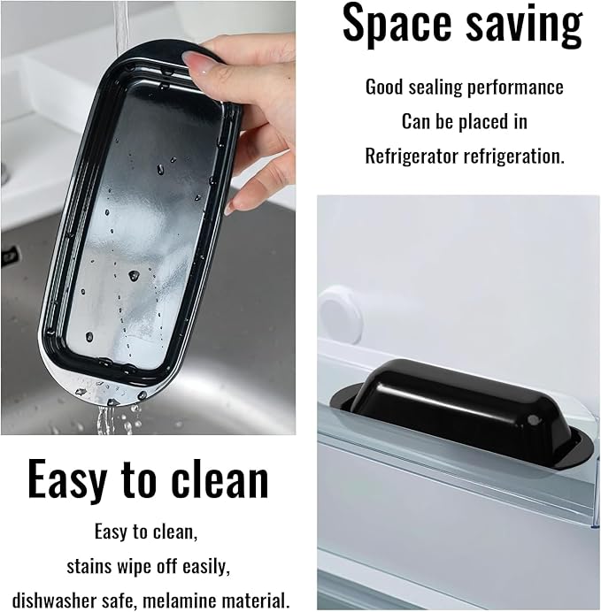 Butter Dish with Lid and Knife, Durable Countertop & Fridge Butter Keeper, BPA-Free Melamine Butter Container, Dishwasher Safe, Fits East/West Coast Butter Sticks (Black)