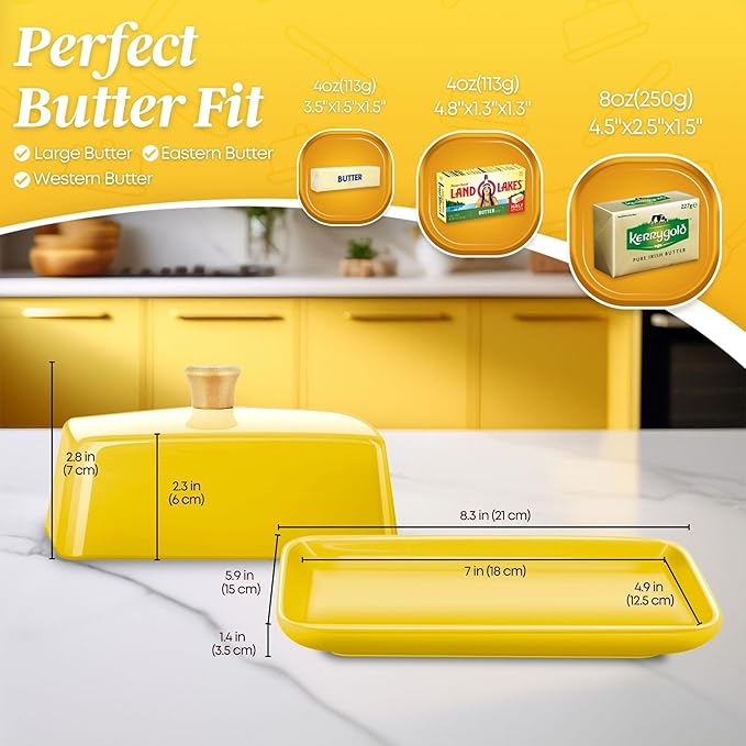 Flexzion Ceramic Yellow European Butter Dish with Lid for Countertop (8 Inch) - Wide 2 Stick Double Butter Holder for Counter, Cream Cheese Container Storage Keeper