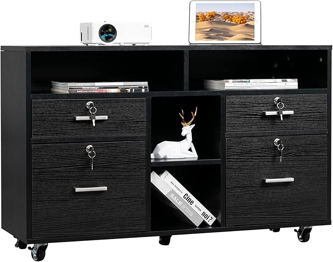 VINGLI Wood Mobile File Cabinet with 4 Drawers and Shelves, Printer Stand with Open Storage, Locking Lateral Filing Cabinet for Home Office, Black