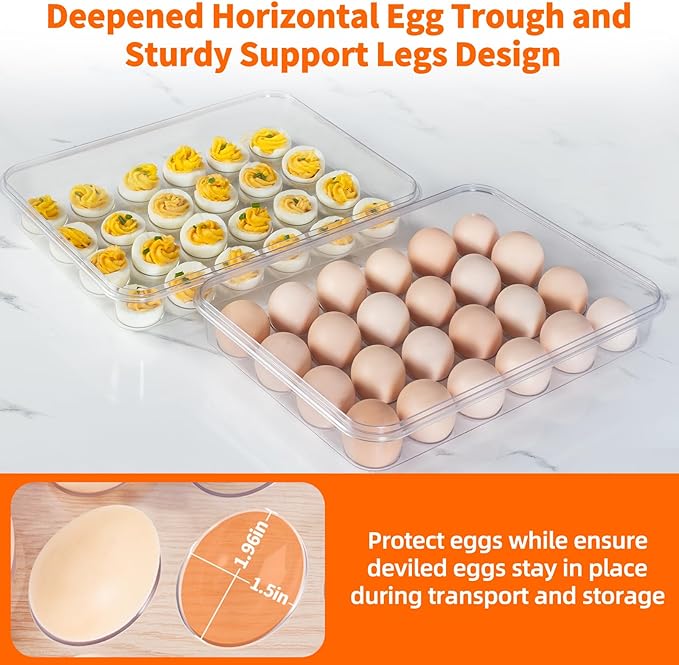 2 Pack Deviled Egg Containers with Lid and Handle, Durable Clear Plastic Deviled Egg Carrier Storage 48 Eggs, Stackable Egg Holder for Fridge, Portable Tray Platter for Party & Picnics-White