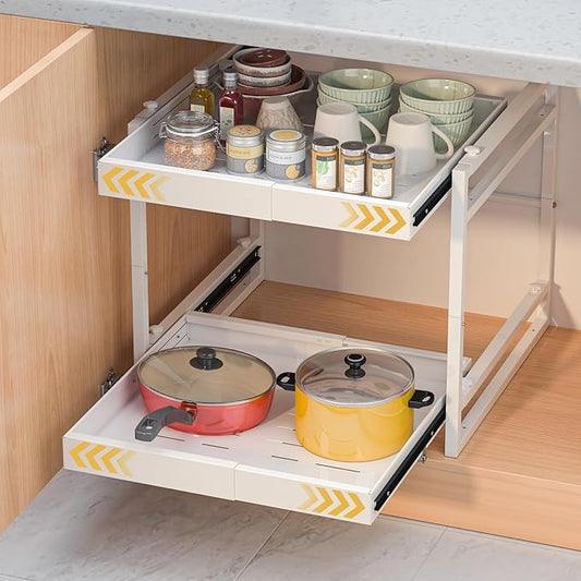 REALINN 2 Tier Pull Out Cabinet Organizer, 21 inch Depth Slide Out Shelves, Expandable 14"-22.5" Wide Heavy-Duty Cabinet Drawers for Kitchen Pots, Pans & Pantry Storage, White