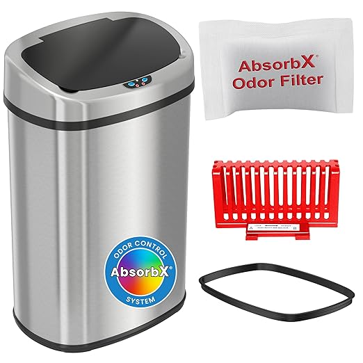 iTouchless 13 Gallon Stainless Steel Kitchen Trash Can with Sensor 2.0 Tech Touchless Lid and AbsorbX Odor Filter, Oval Slim Space-Saving Automatic Garbage Bin for Home, Office, Business, Restroom
