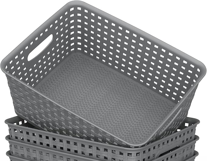WYT 12-Pack Plastic Small Shelf Storage Weave Baskets for Organizing, Grey