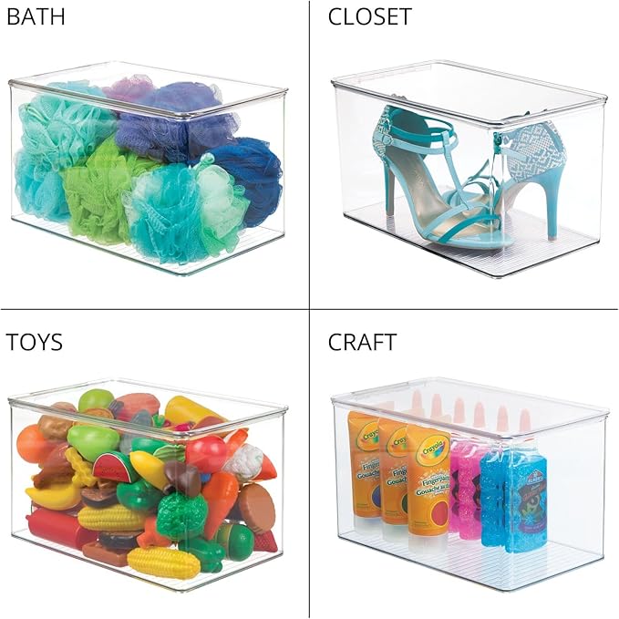 mDesign Plastic Stackable Toy Storage Bin Container Box, Hinge Lid for Organizing Living Room, Play Room, Bedroom, Nursery, Hold Blocks, Puzzles, Books, Lumiere Collection, Clear