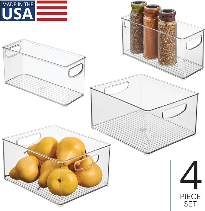 iDesign 4-Piece 50% Recycled Plastic Organizer Bin Set for Pantry and Cabinet Organization, Made in The USA – Two 10” x 8” x 5” and Two 10” x 4” x 5” Bins, Clear