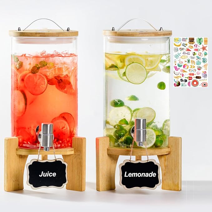 1.2 Gallon Large Glass Drink Dispenser For Parties, Beverage Dispenser with Bamboo Wood Stand and Stainless Steel Spigot, Juice, Lemonade, Water jug dispenser, Laundry Detergent Dispenser (2 PACK)