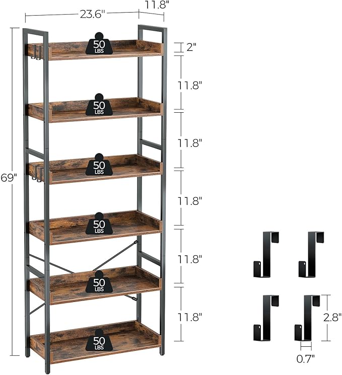 Rolanstar Bookshelf 6 Tier with 4 Hooks, Industrial Wood Bookcase, Vintage Storage Rack with Open Shelves, Rustic Standing Bookshelves Metal Frame Display Rack for Living Room, Bedroom, Rustic Brown