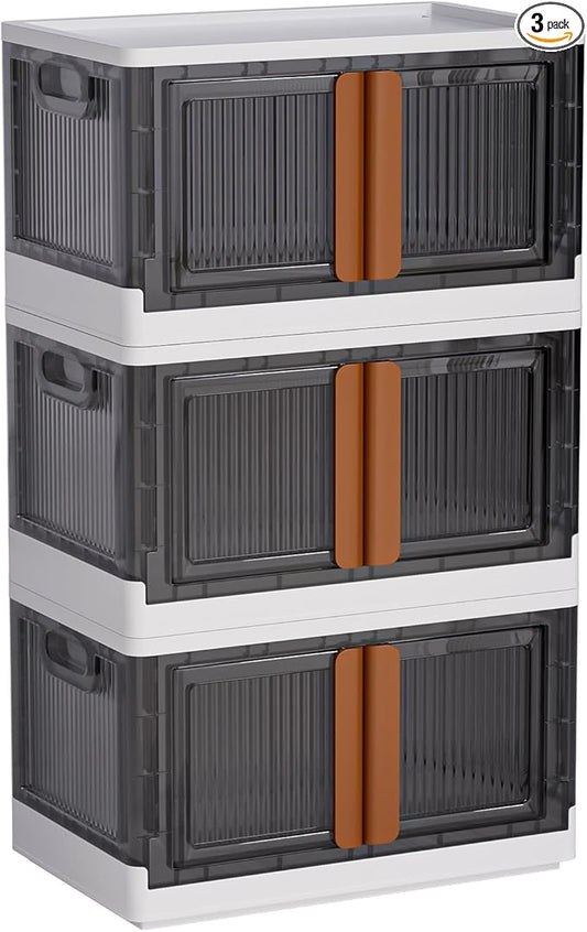 LCG 3-Tier Foldable Plastic Storage Bins with Lids and Doors, 57 Gallon (19 Gal x 3pack), Stackable Organizer Drawer (Large)