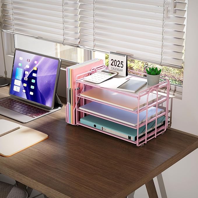 gianotter 4-Tier Paper Organizer With Magazine Holder, Desk Organizers and Accessories, Pink Desk Accessories, File Organizer for Office Supplies Storag(Pink)