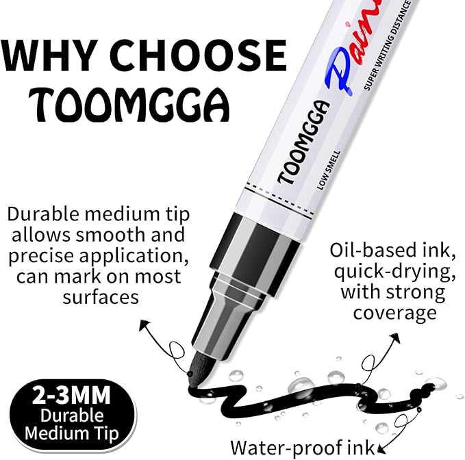 Black Paint Pens Permanent Paint Markers - 6 Pack Oil Based Marking Pens, Medium Point, Quick Drying and Waterproof Pens for Rock Painting Car Tyre Metal, Plastic, Canvas, Wood