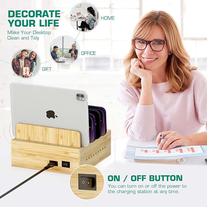 Darfoo Bamboo Charging Station for Multiple Devices - Wood Family Charging Station with 7 USB Ports and 1 Watch-Earbud Stand for Phones, Tablets, Smart Watches & Earbuds