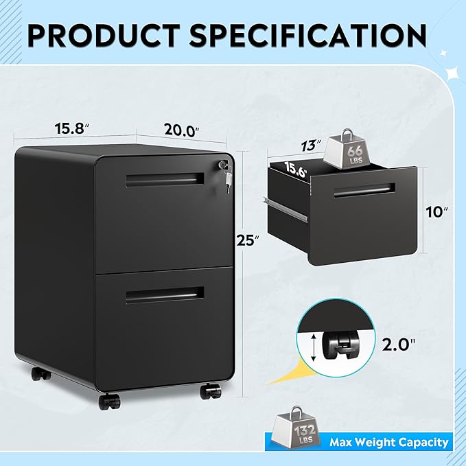 DEVAISE 2-Drawer Rounded Corner Metal File Cabinet with Lock, Mobile Filing Cabinet Under Desk for Home Office, Fully Assembled Printer Stand fits Letter/Legal Size, Black, 20" D x 15.8" W x 25" H