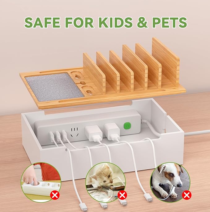 Pezin & Hulin Bamboo Charging Station, Electronic Devices Organizer for Multiple Devices Charger Such As Cell Phone, Tablet, Watch and More, Natural+White, (No USB Charger and Cables