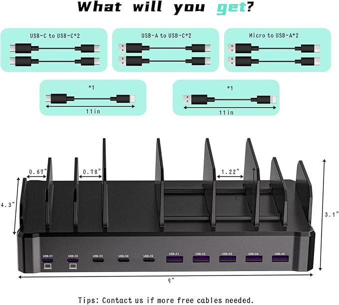 320W Charging Station for Multiple Devices, Zobirez 10-Port USB C Fast Charger Stations for MacBook, iPhone, Android Cell Phone, iPad, Tablet, Family Multi-Device Organizer Charging Dock, Black