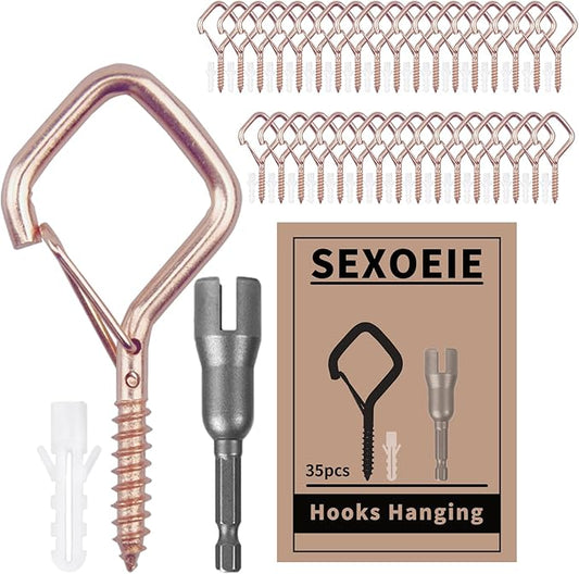 35PCS Eye Screw Hooks for Hanging Heavy Duty with Safety Buckle.Metal Ceiling Hooks for Hanging Plants,Cup,Wind Chime,Bird Feeders,String Lights at Indoor&Outdoor,2.36 Inches Rose Gold