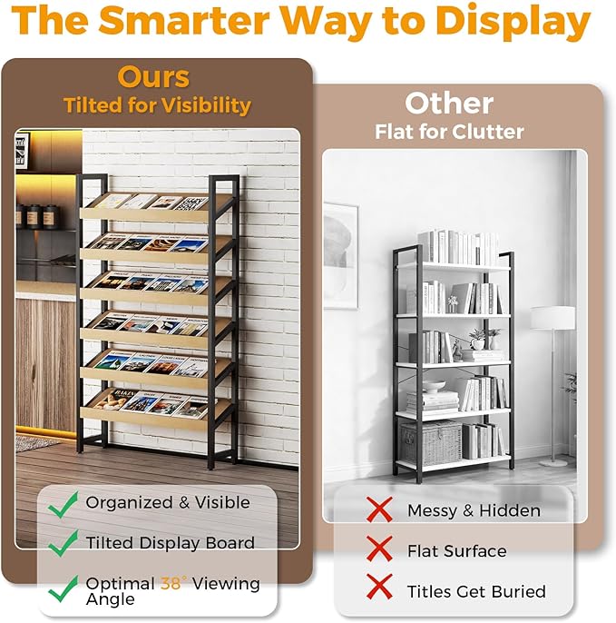 6-Tier Floor Standing Magazine Rack, Modern Literature Display Stand, Heavy Duty Steel Display Shelf with 38° Slant & 2.75" Lip, for Office/Airport/Bookstore/Library, 39"L x 12"W x 71"H (Black)