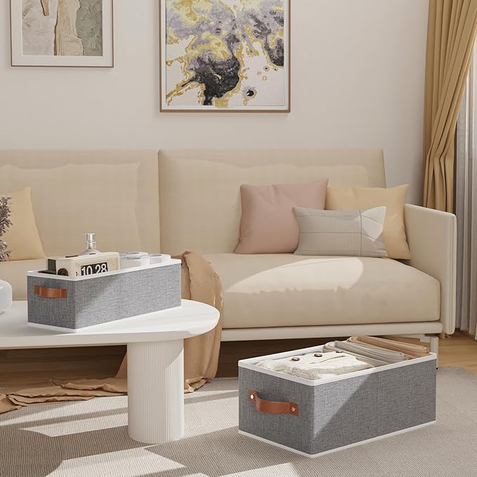 OUTBROS Cube Storage Unit Boxes, Foldable Bins for Bedrooms, Living Rooms, Shelves, Baskets With Handles, Fabric Wardrobe Organiser, Grey, 16.1 x 6.5 x 9.8 inch, 3-Pack