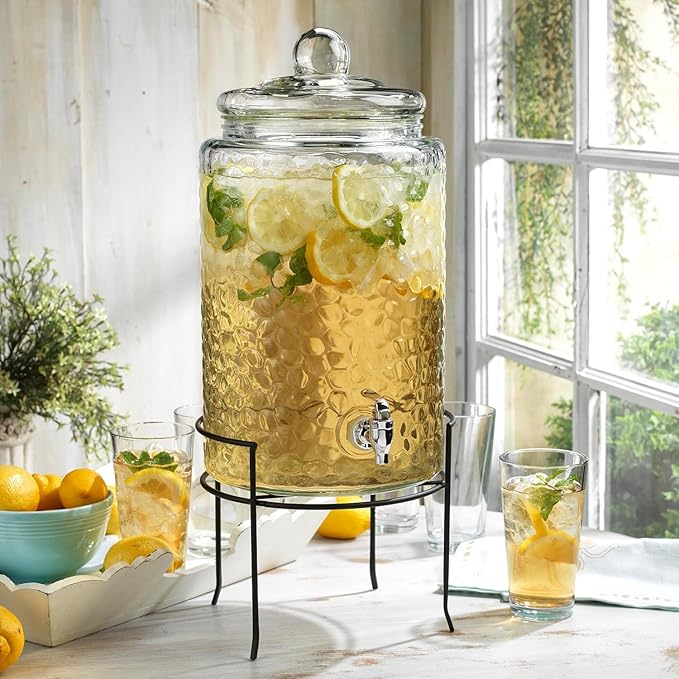 HC Classic Hammered Glass Ice Cold Beverage Drink Dispenser - 3 Gallon, With Glass Lid and Antique Metal Stand, 100% Leak Proof Spigot- Wide Mouth Easy Filling For Outdoor, Parties & Daily Use