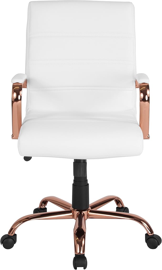 Flash Furniture Whitney Mid-Back Swivel LeatherSoft Desk Chair with Padded Seat and Armrests, Adjustable Height Padded LeatherSoft Office Chair, White/Rose Gold