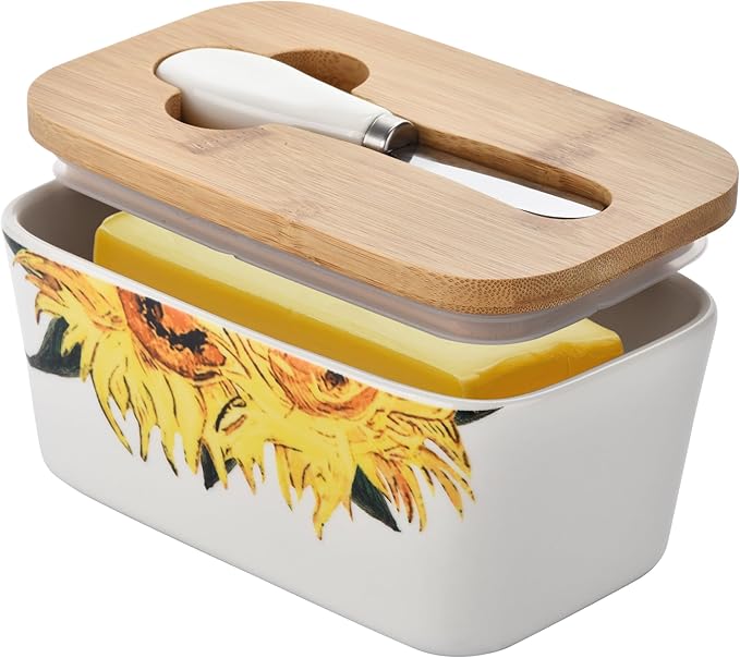 Pretty Sunflower Large Butter Dish with Lid for Countertop,Ceramic Covered Butter Holder with Knife for Fridge, Airtight Butter Keeper Container Storage for East West Coast Butter,White