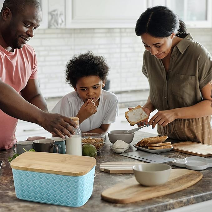 Hasense Farmhouse Butter Dish with Lid for Countertop, Butter Keeper & Holder, Butter Container for Fridge with Wooden Freshness Seal, Enhance Kitchen Decor, Holds Two Sticks of Butter, Turquoise