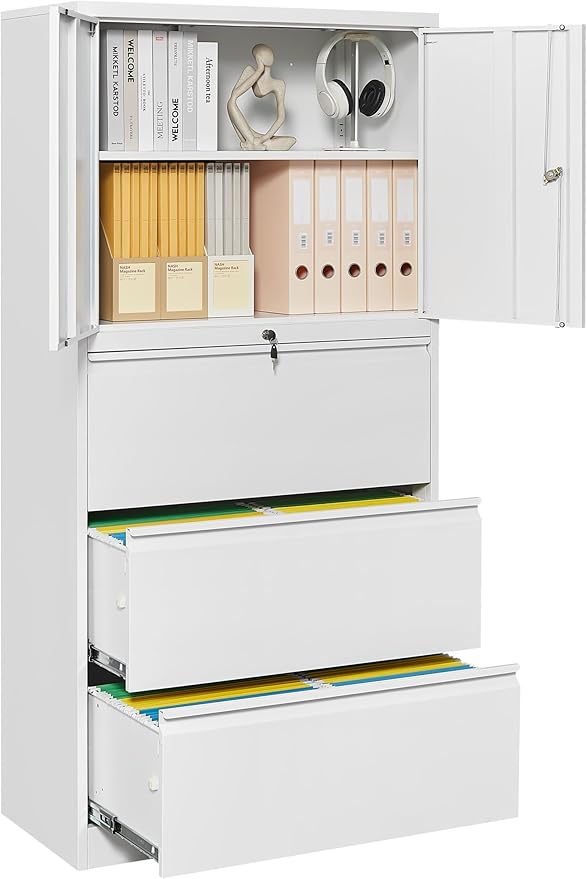 SISESOL 3 Drawer Lateral File Cabinet with Lock,White Filing Storage Cabinet with Doors and Shelves,Locking Metal Storage Cabinets with Drawers for Home,Office,Garage,School,Fit A4/Letter/Legal File