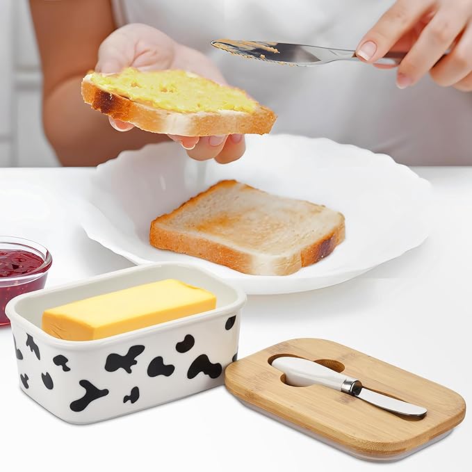 Large Butter Dish with Lid for Countertop,Cow Ceramic Butter Container with Knife Airtight Cover,Butter Keeper for Kitchen Counter or Fridge,Butter Holder Storage,Farmhouse Decor (White)