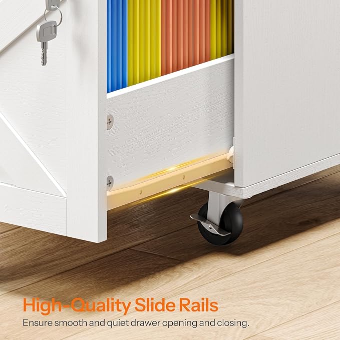 HOOBRO 3 Drawer File Cabinet with Lock, Mobile Farmhouse Filing Cabinet for A4/Letter Size, Under Desk Rolling Office Cabinet, Printer Stand with Storage for Home Office, White and Walnut WH67WJ01