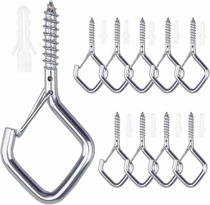 10 PCS Eye Screw Hooks for Hanging Heavy Duty with Safety Buckle.Metal Ceiling Hooks for Hanging Plants,Cup,Wind Chime,Bird Feeders,christmas String Lights at Indoor&Outdoor,2.36 Inch(No Drill Bit)