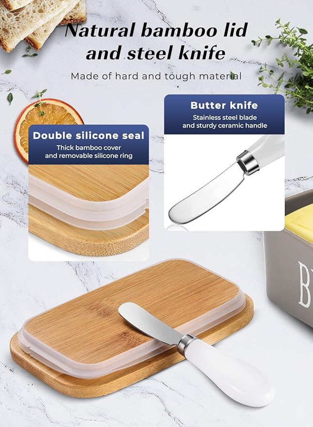 Butter Dish with Lid: Large Butter Container for Countertop - Ceramic Butter Holder for Counter - Butter Tray Butter Keeper with Knife and Sponge Scrubber - Perfect for 2 Sticks of Butter Grey