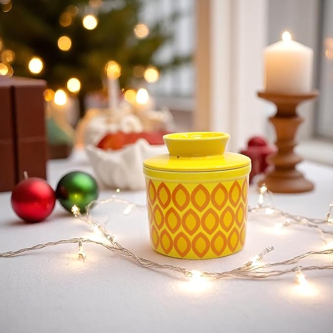 Butter Crock with Lid for Countertop, Butter Keeper Crock with Water, French Butter Dish Ceramic, Butter Holder with Lid for Spreadable Butter, Butter Container for Counter (Yellow Ovals)