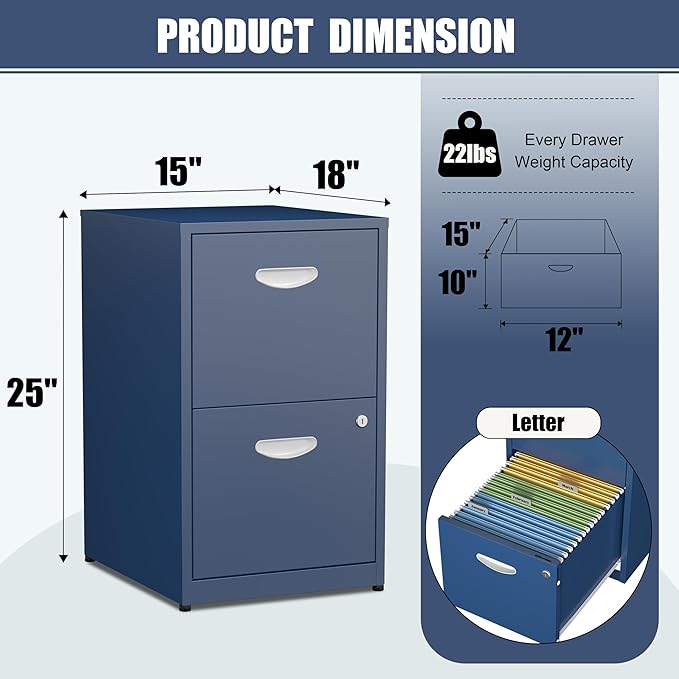 2 Drawer File Cabinet, Metal Two Drawer Vertical File Cabinets with Lock, 18" D Storage Filing Cabinet for Home Office, Steel Light Duty Storage for Letter-Size Files, Blue, Assembly Required