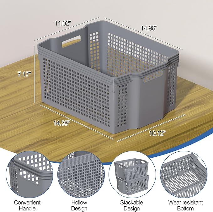 12-Pack Large Plastic Storage Baskets, Deep Stacking Storage Basket Bin, Open Cupboard Basket for Pantry, Grey