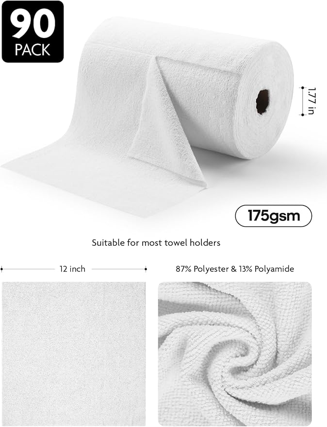 Fantasticlean Microfiber Cleaning Cloth Roll -90 Pack, Tear Away Microfiber Towels, 12" x 12", Reusable, Washable, Scratch Free, Ultra Absorbent Dish Rags for Car, Home, Garage or Shop (White)