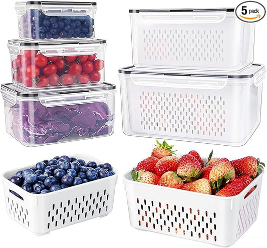 5 PCS Large Fruit Containers for Fridge - Leakproof Food Storage Containers with Removable Colander - Dishwasher & microwave safe Produce Containers Keep Fruits, Vegetables, Berry, Meat Fresh longer