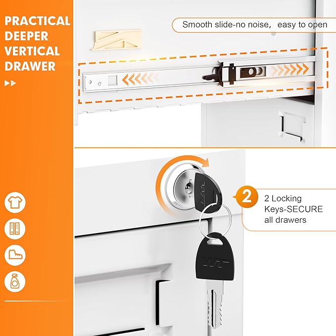 INTERGREAT 3 Drawers File Cabinet with Lock, 18" D Metal White Vertical Filing Cabinet for Hanging Folders, Easy Assemble