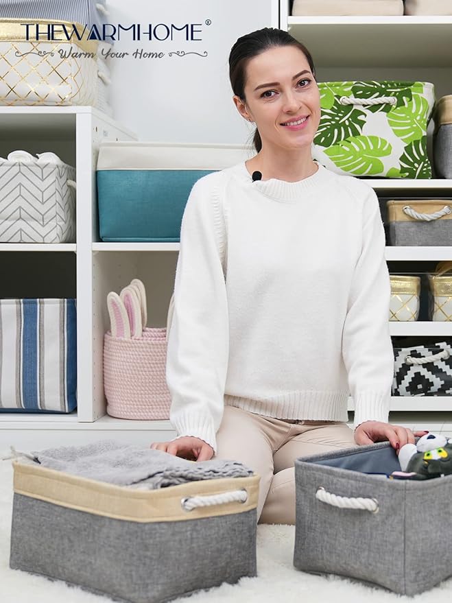 TheWarmHome Decorative Basket Rectangular Fabric Storage Bin Organizer Basket with Handles for Clothes Storage (Gold&Grey, Medium-1Pack,13.8L*9.8W*6.7H)