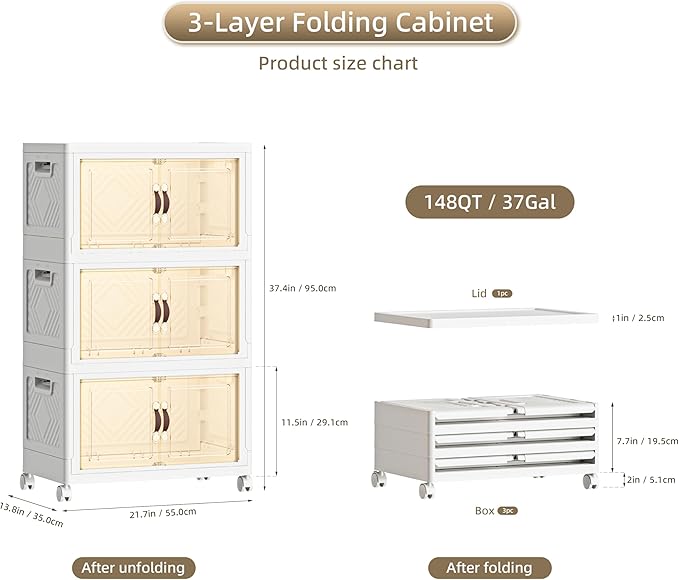 148 QT / 37 Gal Rolling Foldable Storage Cabinet with Stackable Feature - Double Magnetic Doors, Leather Handles, Durable Plastic for Closet/Office, Easy Assembly & Move