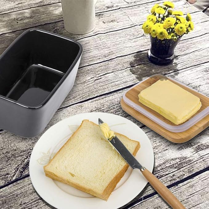 Butter Dish with Lid, Porcelain Keeper with Wood Lid Cover for Butter, Microwave Safe Easy Clean Butter Storage Container for Countertop and Refrigerator (Black 10oz)
