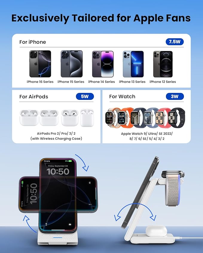 3 in 1 Wireless Charging Station, Foldable Magnetic Wireless Charger Stand for Multiple Devices, Wireless Charger for iPhone 16/15/14/13/12, Apple Watch 9/8/7/6/SE/5/4/3/2, AirPods 3/2/Pro