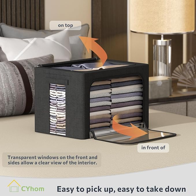 CYhom Clothes Storage Bins Box - Linen Fabric Foldable Stackable Container Organizer Set with Clear Window & Carry Handles & Metal Frame (Black, Large-66L)