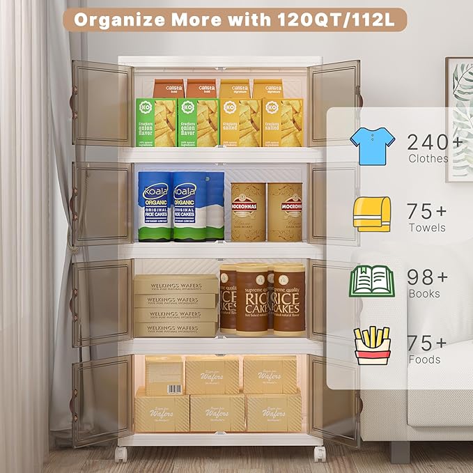 Extra Large Stackable Storage Bins with Lids & Wheels, Foldable Collapsible Closet Organizers Storage Cabinet with Doors for Bedroom Dorm (White, 480QT-120QT/30GAL*4Pack)