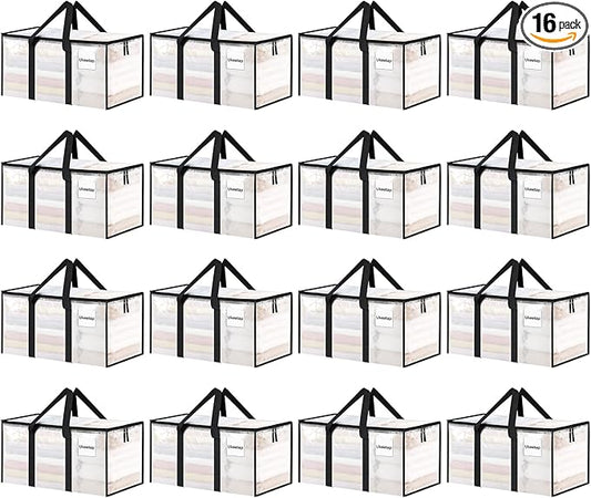 16 Pack Extra Large Heavy Duty Moving Bags, Clear Storage Bins with Lids, Reinforced Handles & Heavy-Duty Zippers Moving Boxes Storage Bags Totes for Clothes Packing, Dorms, College Supplies, Clear
